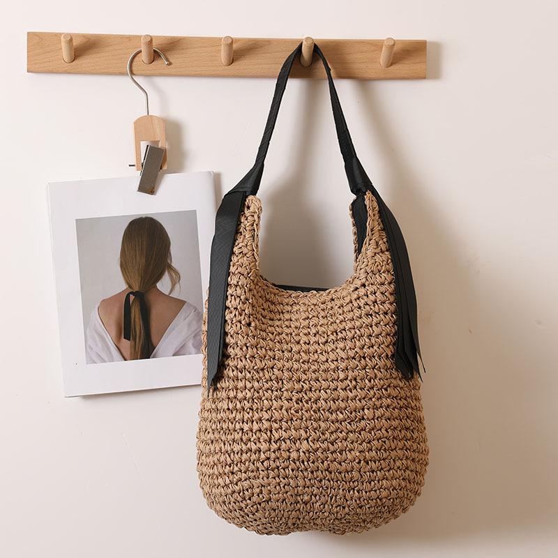 Women's Asian-Inspired Straw Tote Bag - Oversized Solid Woven Beach Bag with Detachable Ribbon for Vacation Essentials & Boho Outfits