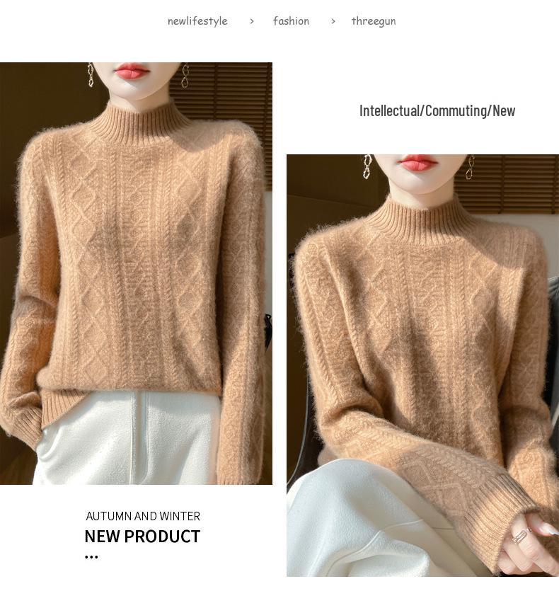 Women's High-Neck Diamond Pattern Knit Pullover Sweater, 2024 Autumn/Winter, Loose Fit, Thickened Short Base Layer