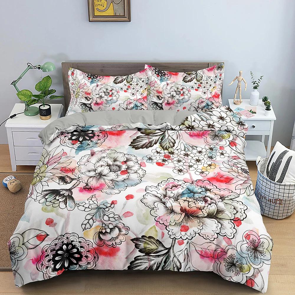 Vintage Flower King Queen Duvet Cover Peony Sunflower Bedding Set Tropical Floral Quilt Cover Boho Polyester Comforter Cover