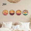 Easy Install Wall Art Set 4Pcs Boho Sunset Art, Abstract Landscape Round Hanging Ornaments, Lightweight Wood Photo Background Wooden Decor for Living