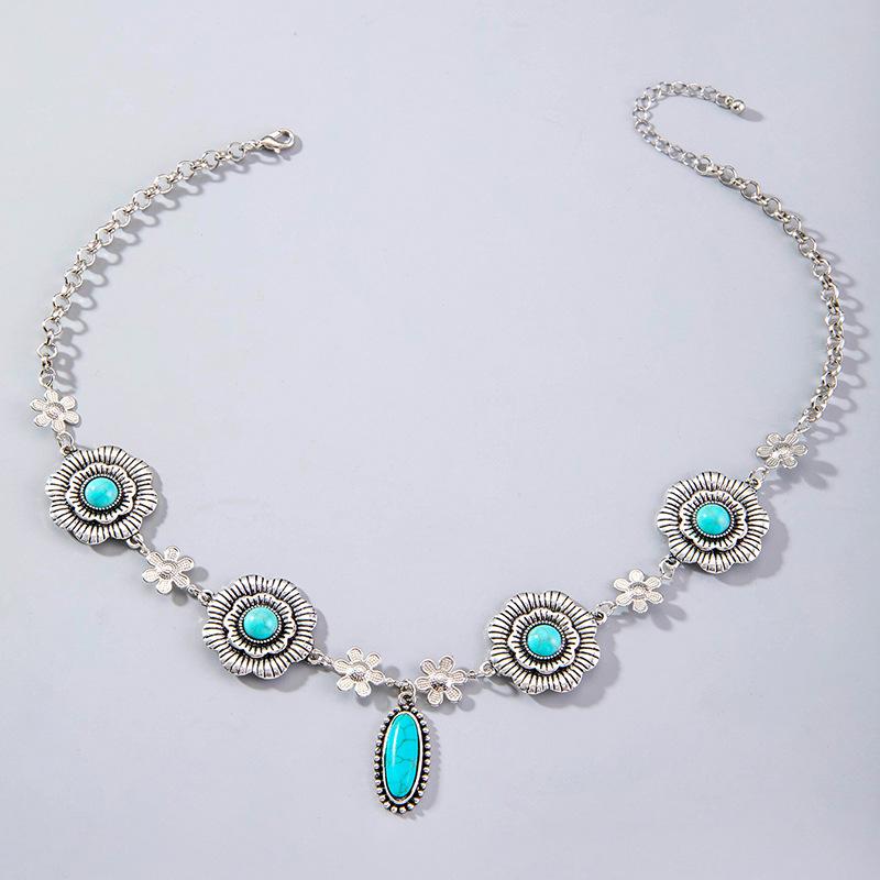 JMXD Bohemian Turquoise Flower Pendant Necklace for Women, Y2K Alloy Pearl Choker, Retro Adjustable Layered Chain, Dainty Minimalist Jewelry Gift Idea