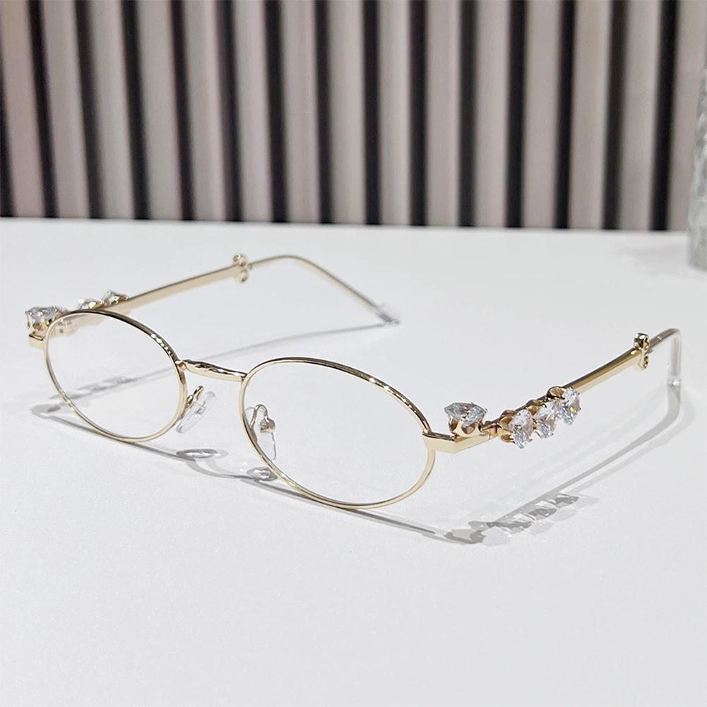 Elegant Metal Frame Oval Glasses with Sparkling Rhinestone Decorated Plano Glasses