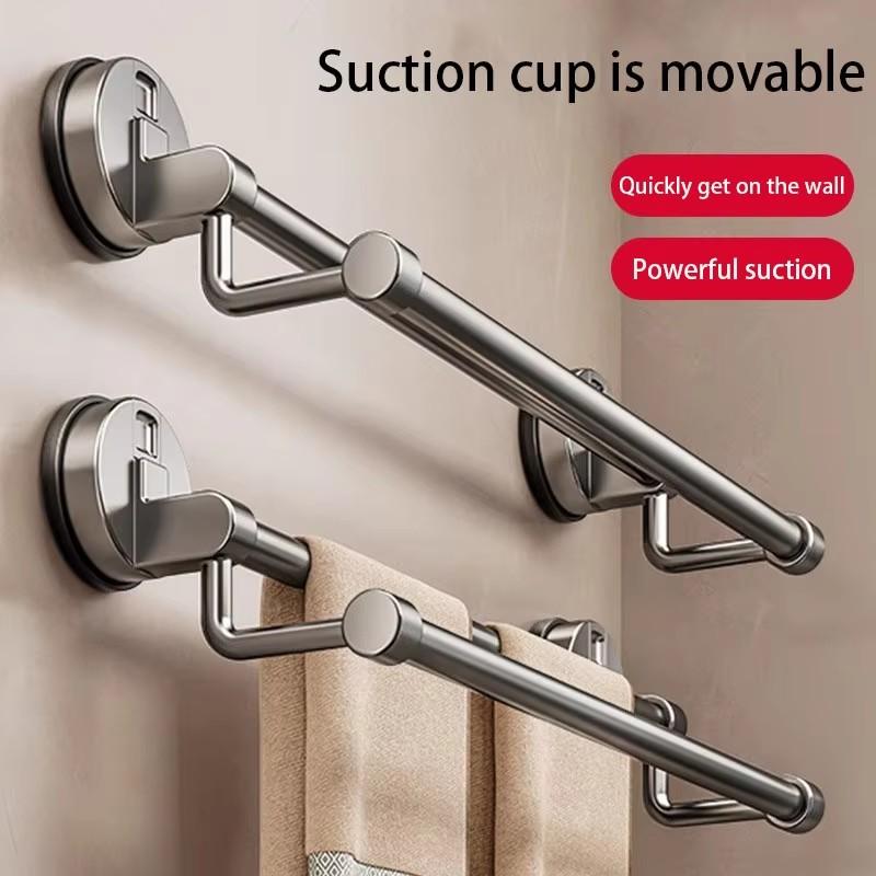 Washroom Space Aluminum Double Rod Suction Cup Towel Shelf Punch-free Hanging Towel Rod Bathroom Towel Slipper Storage Rack