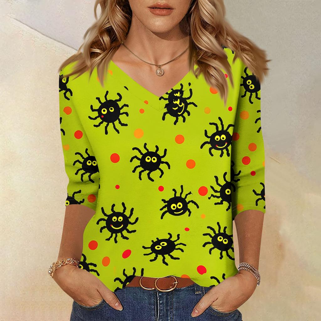 Women's Casual Halloween Print V Neck Top Three Quarter Sleeve Lightweight Blouse for Seasonal Wear