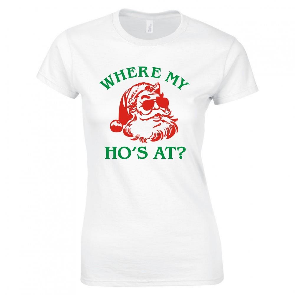 Funny Christmas Wheres My Hos At Ladies Skinny Fit Tshirt S