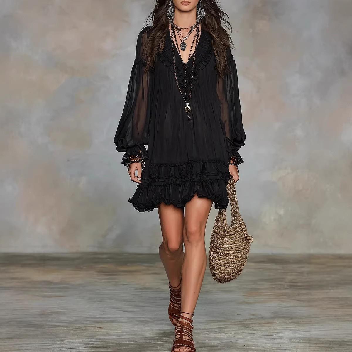 Women V Neck Long Sleeve Ruffle Tiered Chiffon Mini Dress Bohemian Beach Dress S чёрный