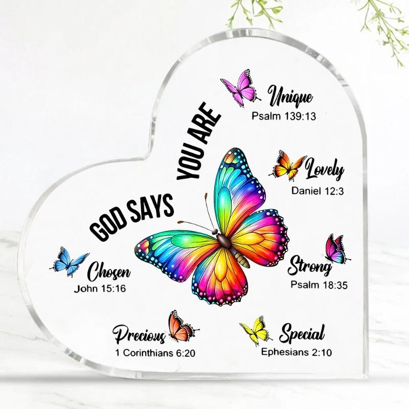 2D Flat Christian Gift Acrylic Heart Butterfly Desktop Decorative Plaque, Home Decor Plaque Hanging Wall Art Decorative Garden Decoration for Room Doo