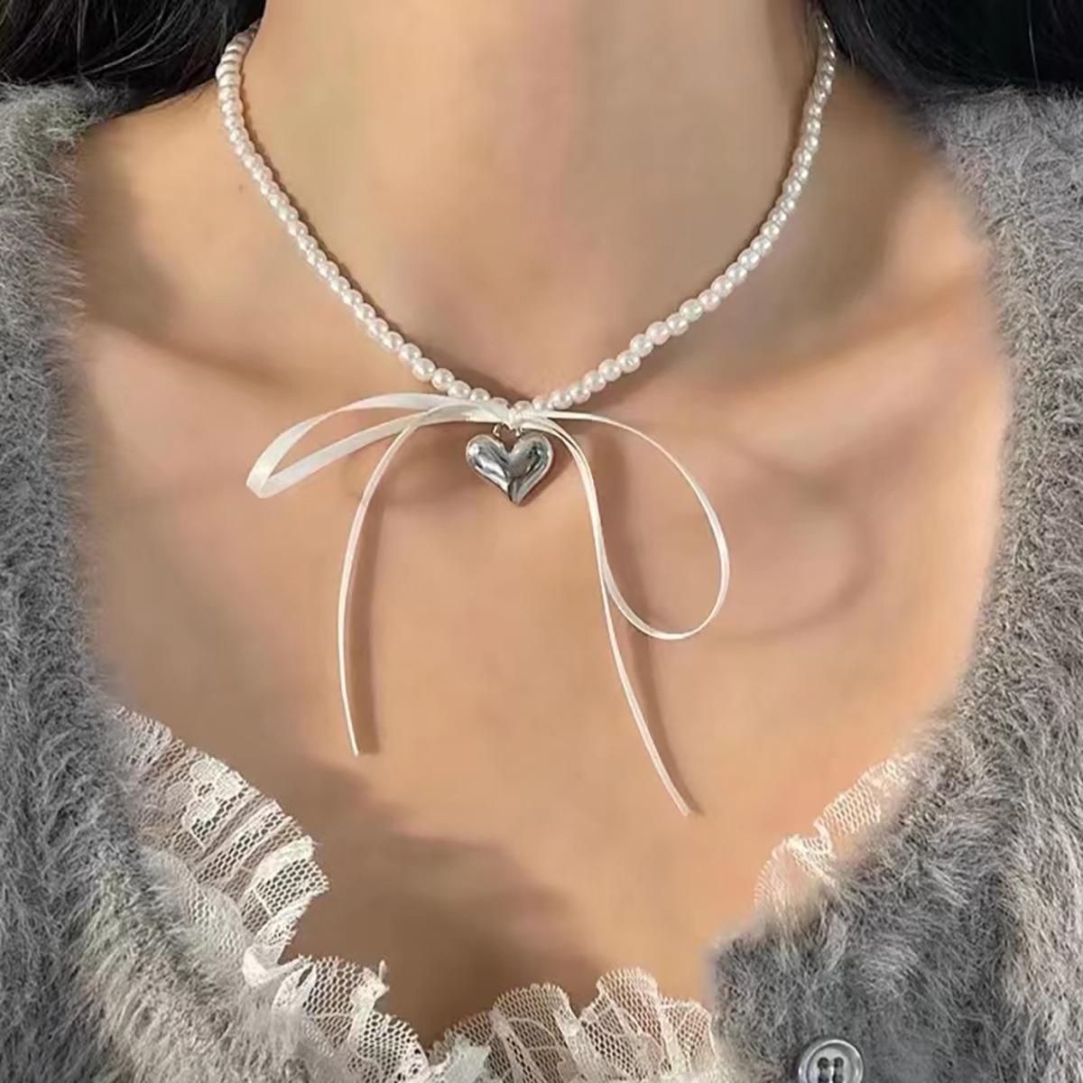 Charm Temperament Bow Tie Ribbon Silver Color Metal Heart Pendant Double-layer Pearl Necklace for Women Jewelry Accessories Gift