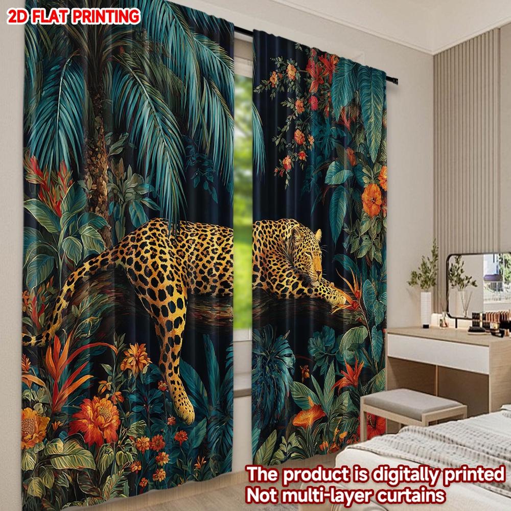Set Of 2 Leopard Tree Curtains Digital Printing Realistic Animal Lush Green Jungle Flowers Single Layer Decor Modern Made Polyester