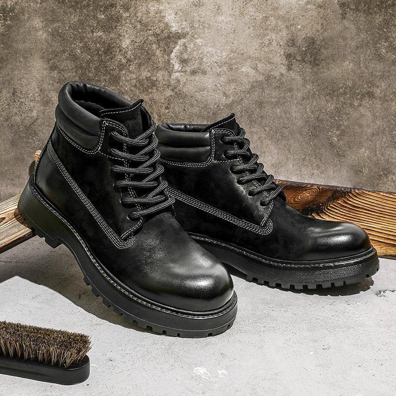 Desai First-Layer Cowhide Martin Boots Retro High-Top Wear-Resistant Leather Boots Thick-Soled Heightening British Style Tooling Boots Men