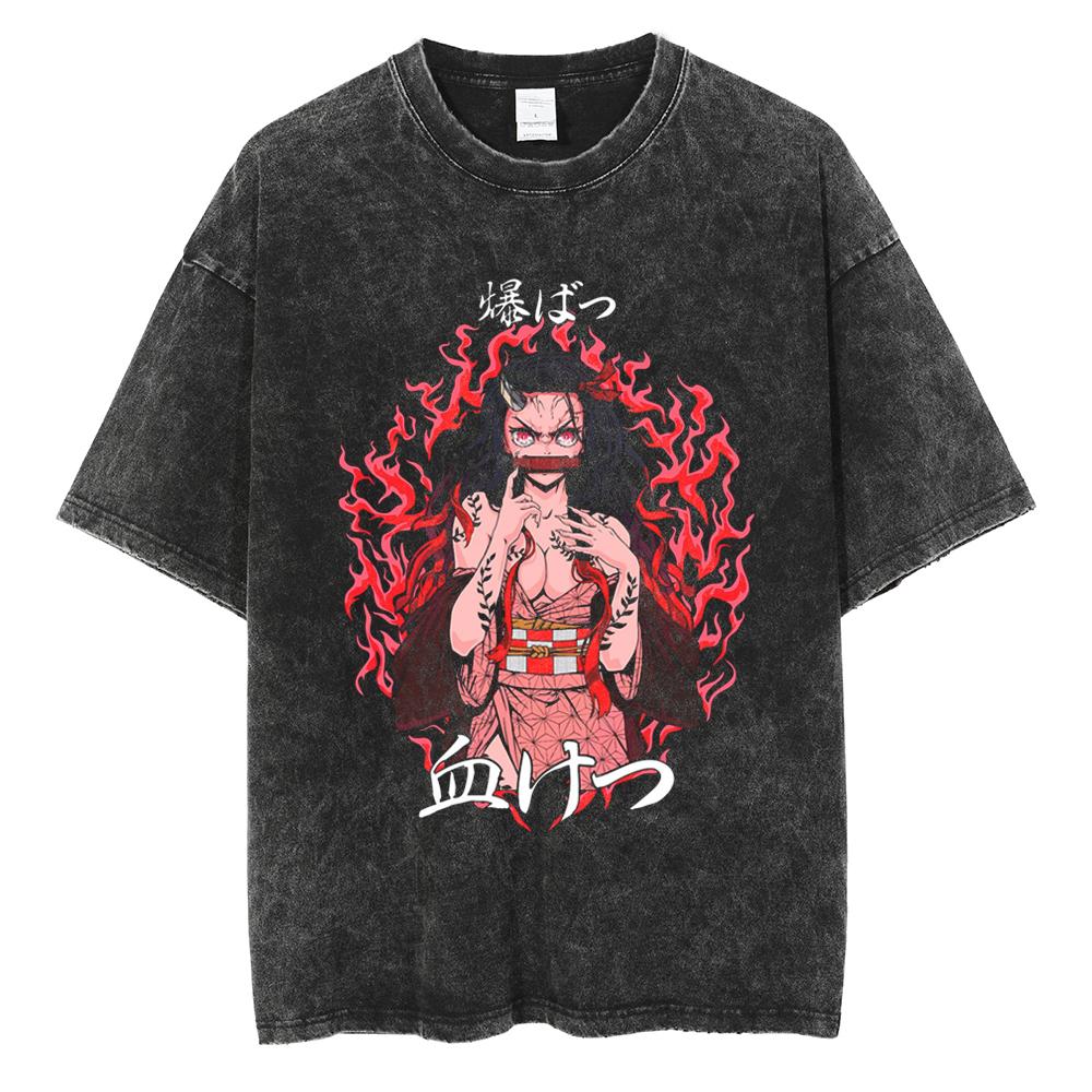 Anime Demon Slayer Kamado Nezuko Graphic Tee Men Women Manga Cotton T-shirts Oversized Washed Tshirt Harajuku Male T Shirt