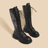 Botas de Tacón de Bloque Bordadas de Caña Media Moda Punta Redonda con Cordones Plataforma Antideslizantes Resistentes al Desgaste Cremallera Calzado