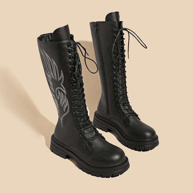 Botas de Tacón de Bloque Bordadas de Caña Media Moda Punta Redonda con Cordones Plataforma Antideslizantes Resistentes al Desgaste Cremallera Calzado
