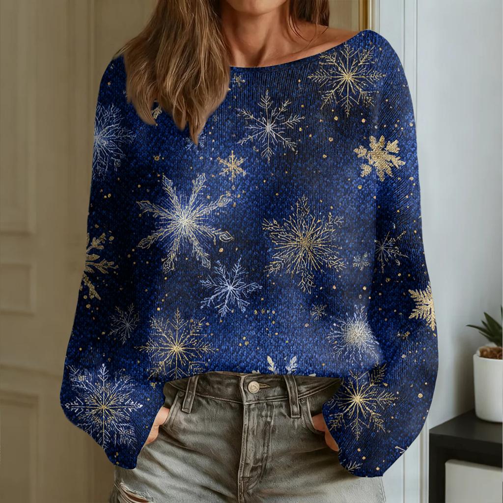 Women's Fashion Round Neck Long Sleeve Christmas Print Casual Pullover Sweater Top