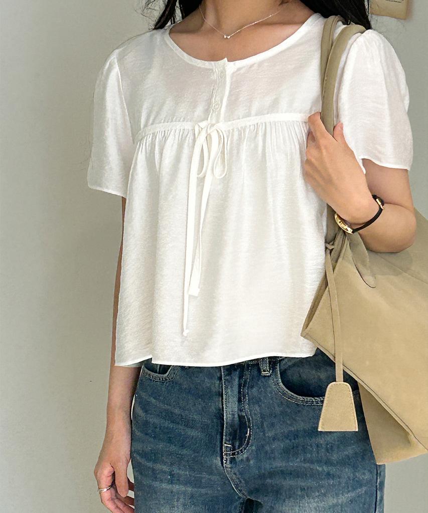 Ini Ribbon Blouse - Ivory, Sky Blue