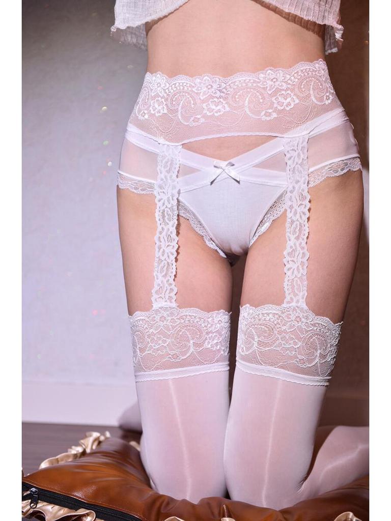 Little Matchmaker Sexy Black Lace Garter Stockings with Open Crotch - Ultra-Thin White Over-the-Knee Erotic Stockings.