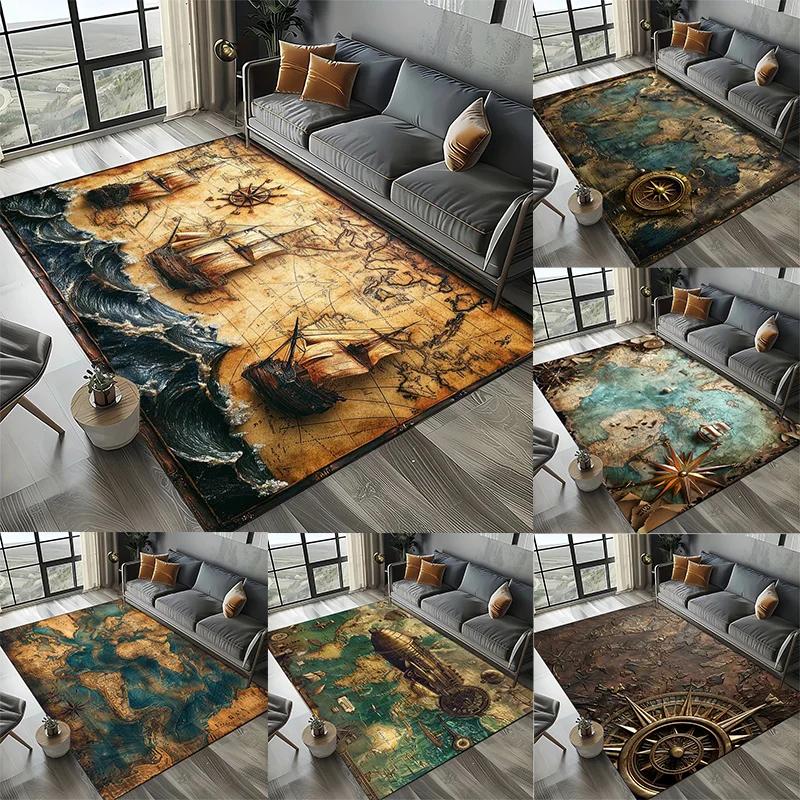 Retro Marine Nautical Chart Compass Carpet Rug for Home Living Room Bedroom Sofa Doormat Decor,Non-slip Floor Mat