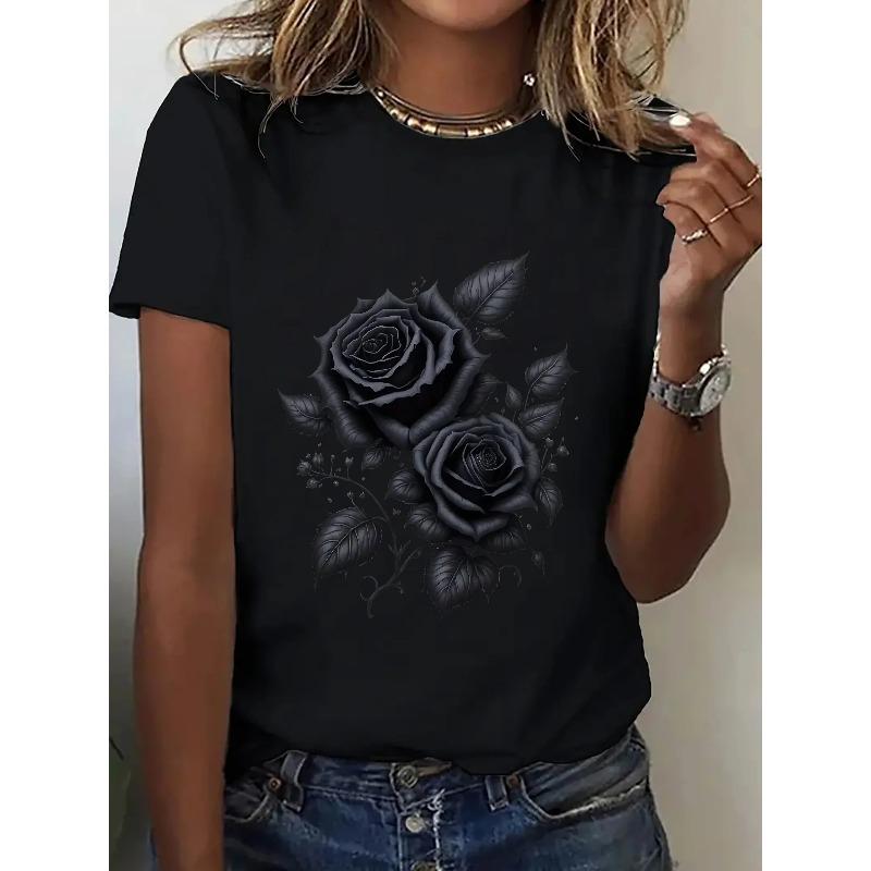 Women's Black Rose Floral Print Breathable Stretchy Round Casual Casual Attire & Sports Women's Harajuku Short Sleeve Casual