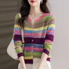 Fashion Women Clothing Colorful Striped Cardigan Sweater Spring Autumn New Korean Versatile Casual Long Sleeve Knitted Coats