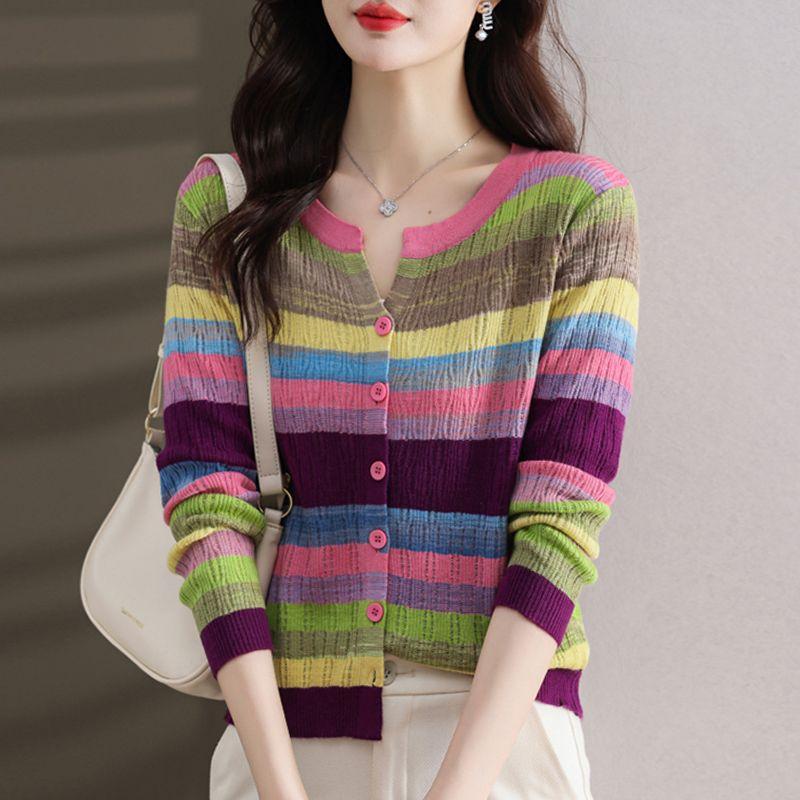 Fashion Women Clothing Colorful Striped Cardigan Sweater Spring Autumn New Korean Versatile Casual Long Sleeve Knitted Coats