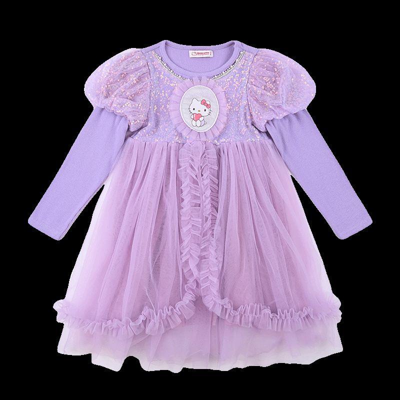 Hello Kitty Girls' Dress Spring and Autumn 2025 New Purple Little Girl Princess Dress Kidsren's Mesh Skirt