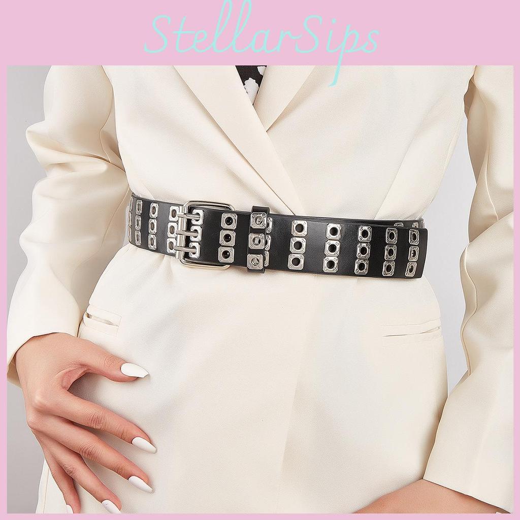 Retro Double Row Belt Iron Buckle Hollow Pattern Stylish Jeans Looks Streetwear