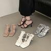 Sommer 2025 Schmaler Riemen Schnalle Designer Sandalen Damen Sexy Quadratische Zehen Offene Zehen Dünner Absatz Pumps Lässig Strand Marken Pantoletten Weiblich