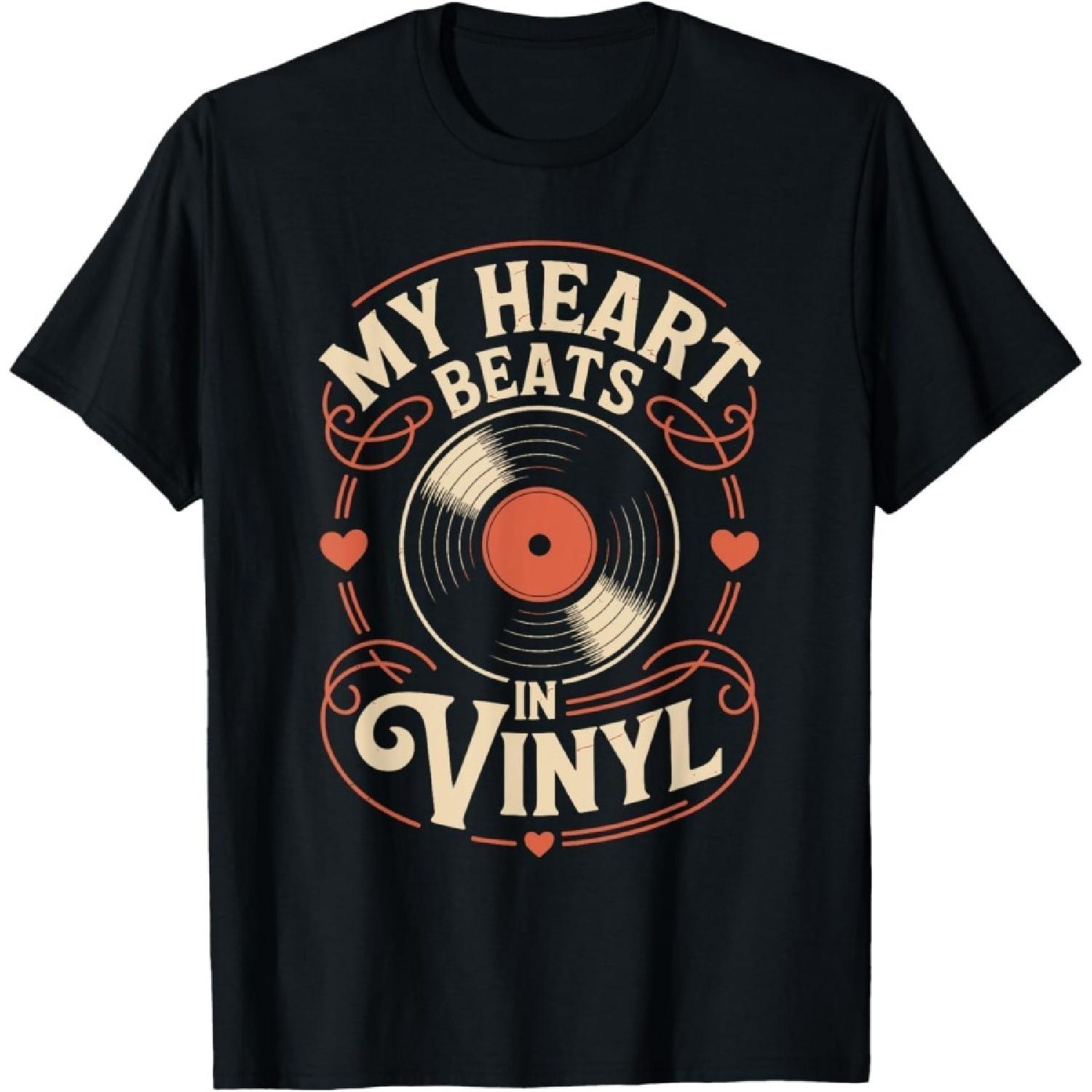 My Heart Beats in Vinyl Record Player Vintage 45 RPM T-Shirt S