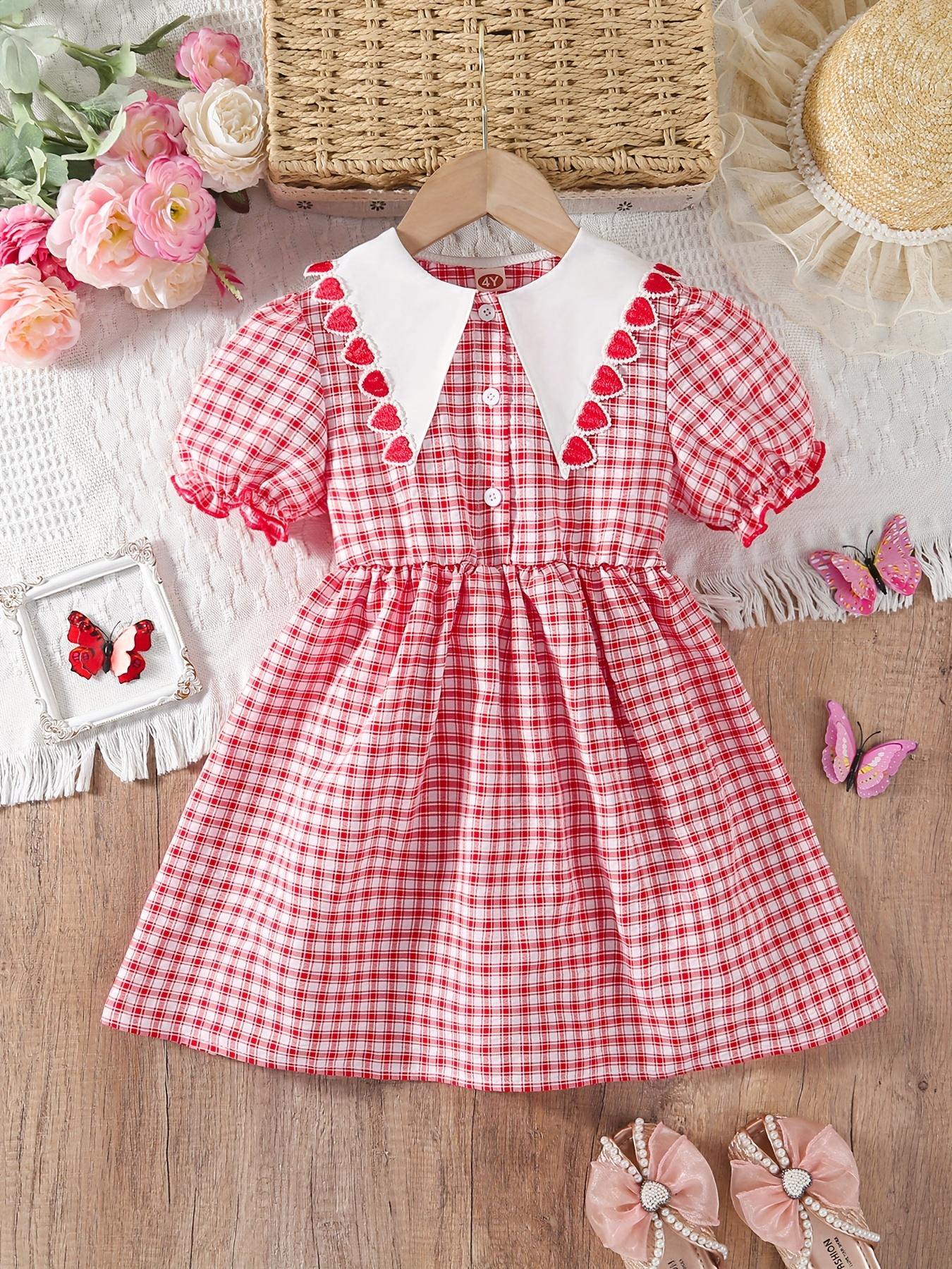 Girls Red Plaid Dress, Summer Korean Style Princess Dress with Puff Sleeves, Heart Lace Peter Pan Collar, Sweet Casual A-Line Dress for Toddler Kids 4Y