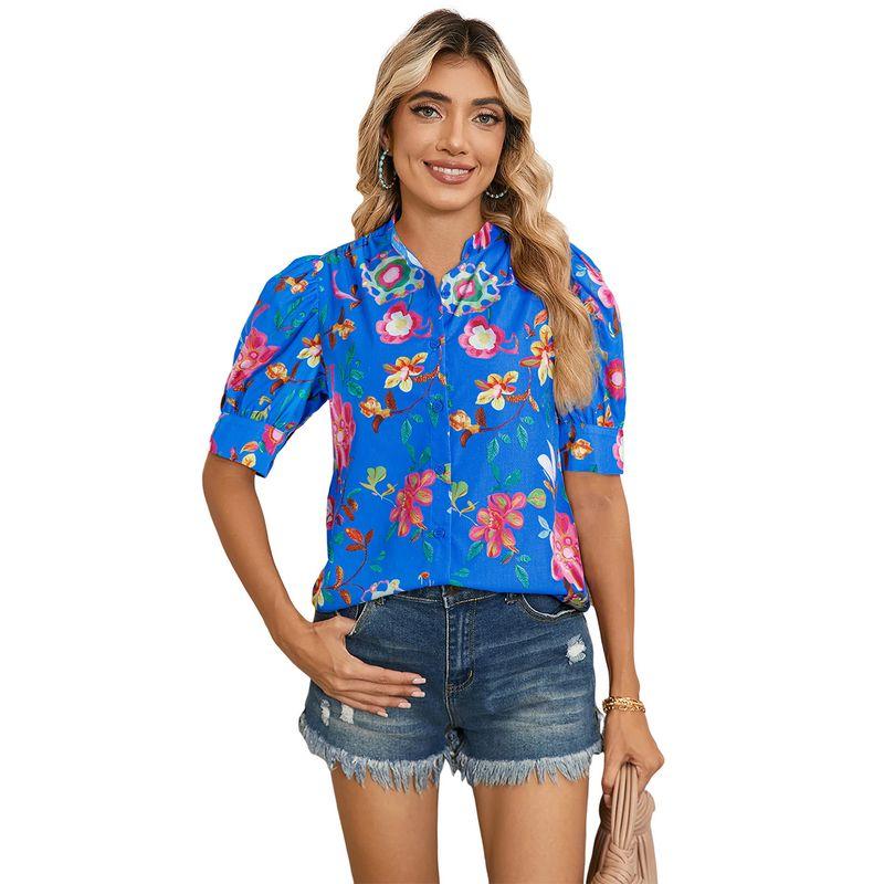 

American Shiying Retro Floral Print Short sleeve Shirts Women 2025 Summer New Stand Collar Single-Breasted Shirt Dark Blue Size XL fit (70.00 kg-75.00 kg