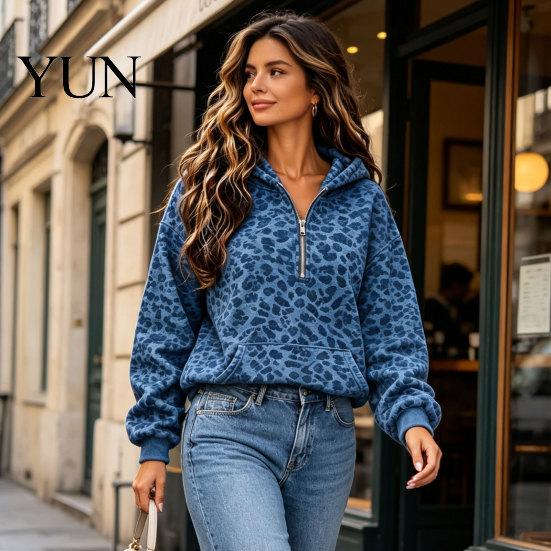 Comfortable Women Sweatshirt Leopard Print Hoodie, Oversized Half Zip Hooded with Hoodie Kangaroo Pocket, Fall Long Sleeve Casual Pullover Top