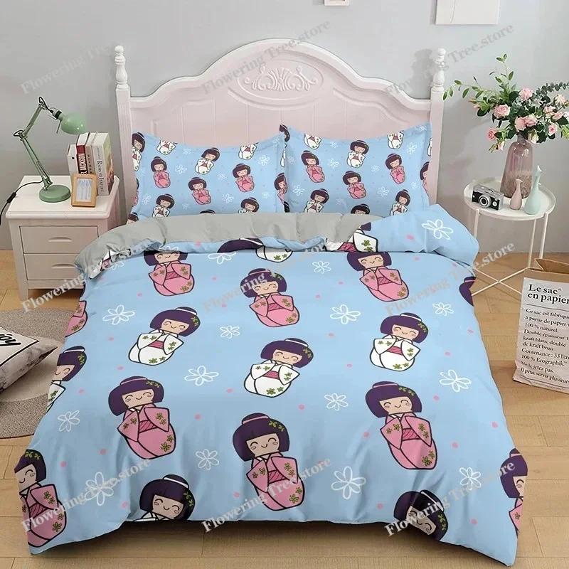 Japanese Doll Duvet Cover King Queen Lucky Cat Fan Bedding Set for Kids Girls Asian Japan Cultural Polyester Quilt Cover