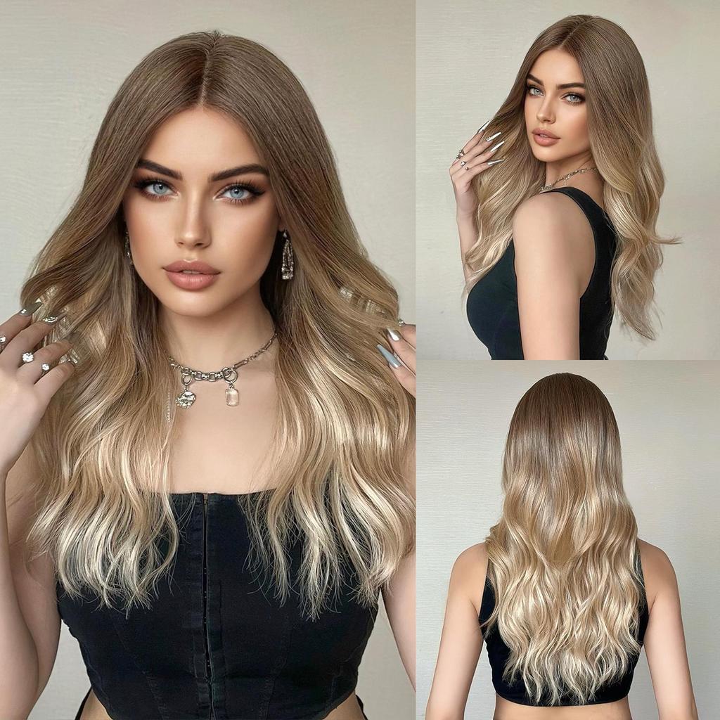 ALAN EATON Synthetic Front Lace Wig Long Wavy Wigs Ombre Grey to Blonde Daily for Women High Density Heat Resistant Hair