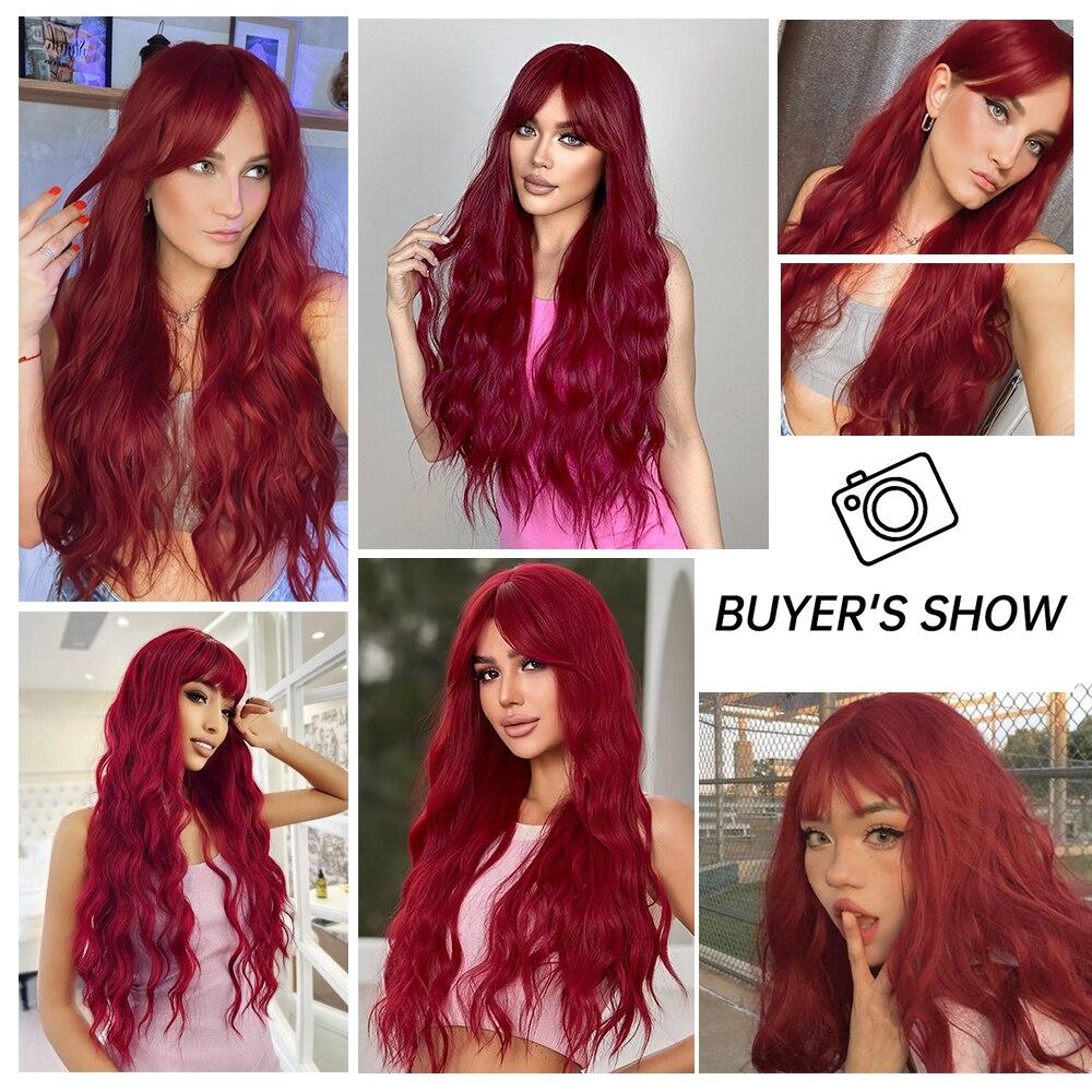 Long Curly Wave Synthetic Wigs Wine Red Wig with Bangs for Black Women Deep Wave Cosplay Party Natural Hair Wig Heat Resistant