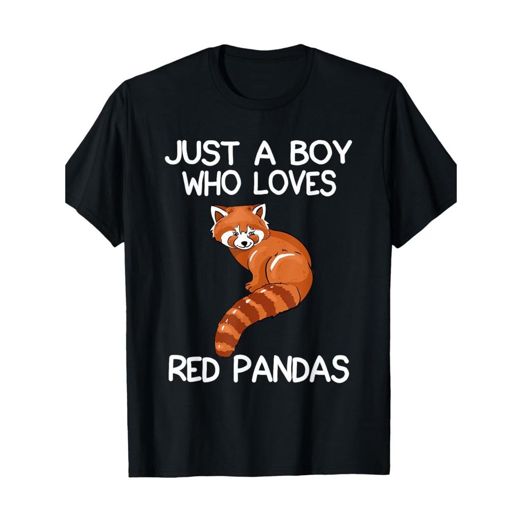 Men's Red Panda Print T-Shirt Short Sleeve, Slogan "A Boy Who Only Loves Red Pandas", Weighted Knit Fabric, All-Season Casual Wear
