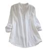 Woman Shirt Semi-open V Neck Buttons Placket Long Sleeves Pullover Casual Wear Solid Color Top Blouse Summer Casual Loose T-shirt Commuter Clothes