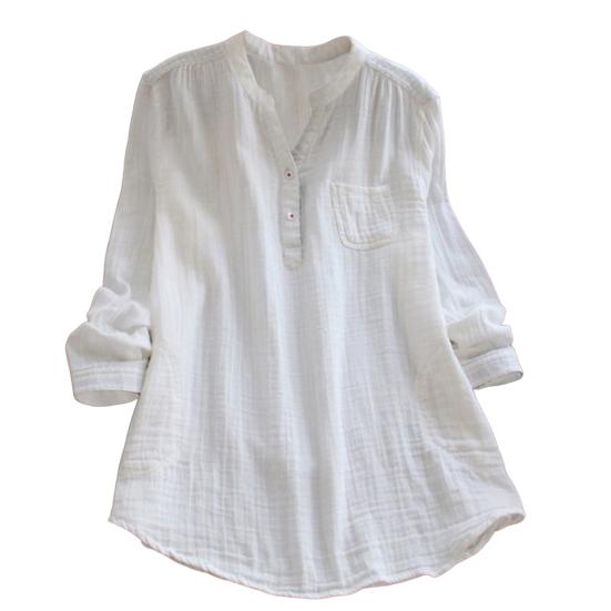 Woman Shirt Semi-open V Neck Buttons Placket Long Sleeves Pullover Casual Wear Solid Color Top Blouse Summer Casual Loose T-shirt Commuter Clothes