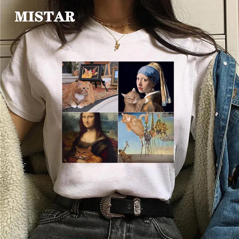 T-shirts Women Cat Oil Painting Printed Funny Graphic Tee Shirt Summer Short Sleeve Casual White Tops Harajuku Clothing