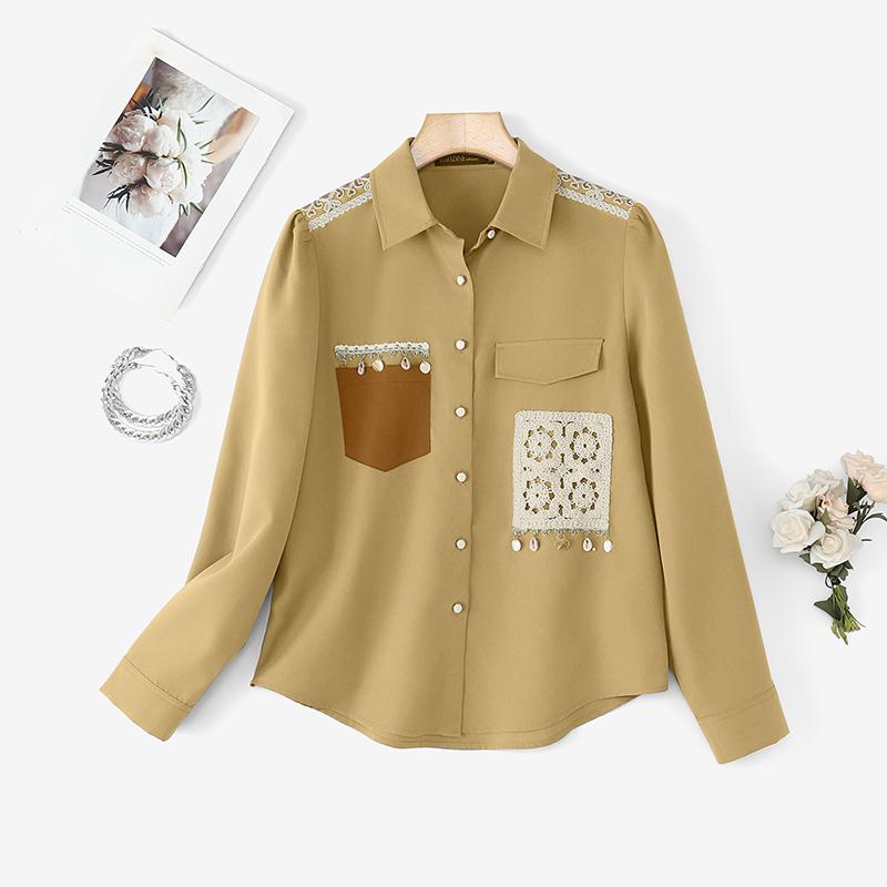 

ZANZEA Женская повседневная блузка с отложным воротником, длинными рукавами и пэчворком M