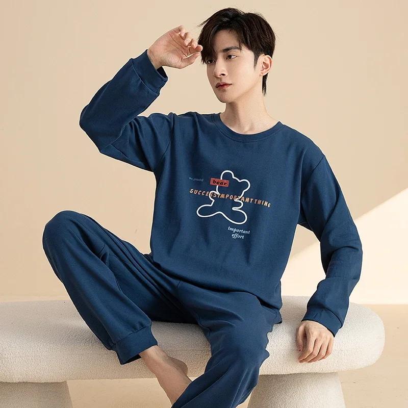 Baumwolle Herren Pullover Nachtwäsche Herbst Frühling Langarm Nachtwäsche 2 Stück Pyjamas Set Männlich