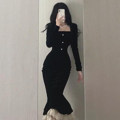 Women's European and American Style Black Velvet Long Sleeve Fishtail Dress