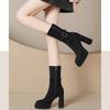Fashion Super High Platform Round Toe Block Heel Platform Apricot Stretch Mid-leg Boots for Women