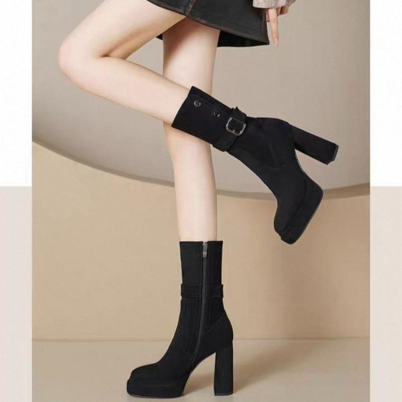 Fashion Super High Platform Round Toe Block Heel Platform Apricot Stretch Mid-leg Boots for Women