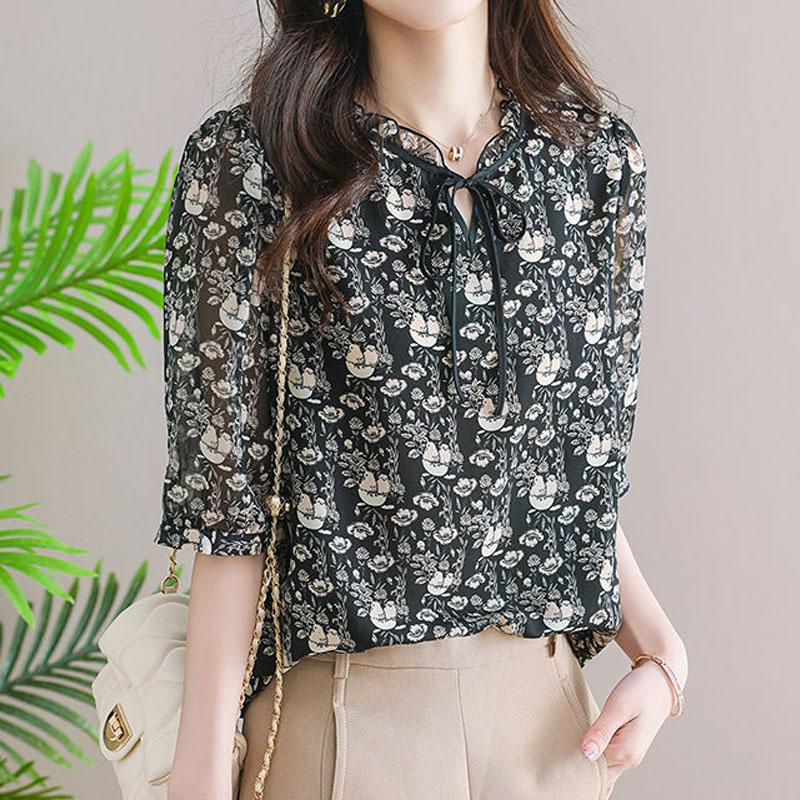 

Элегантная шифоновая блузка с принтом темперамента для женщин, летняя модная универсальная рубашка с короткими рукавами, летняя женская одежда XXXL чёрный