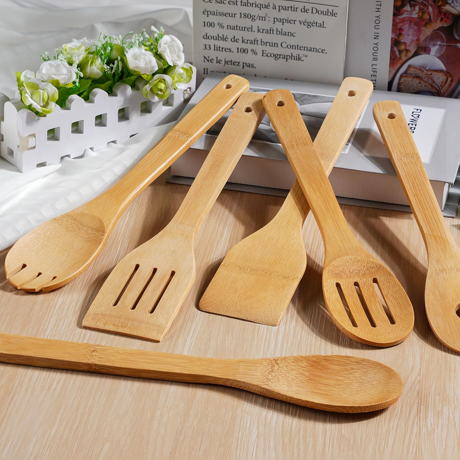 IOOLEEM Bamboo Wooden Spoons for Cooking 6 Pcs 12 Inch, Non-Stick Wooden Kitchen Utensils Set, Natural and Durable Wooden Spatula Spoons for