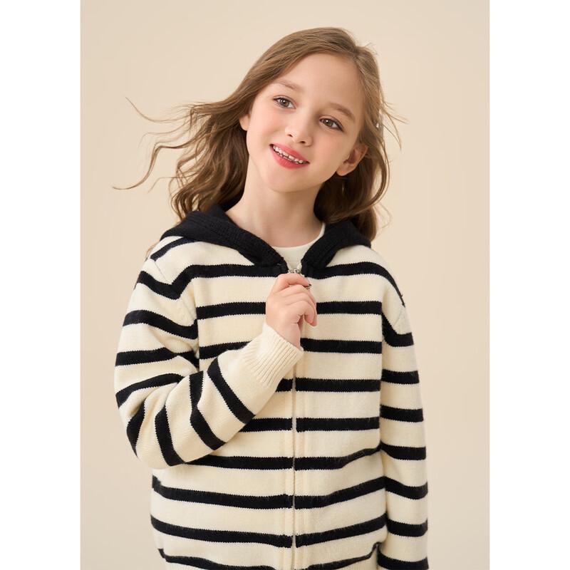 Monceau Kids  Black and White Striped Hooded Knit Cardigan 110