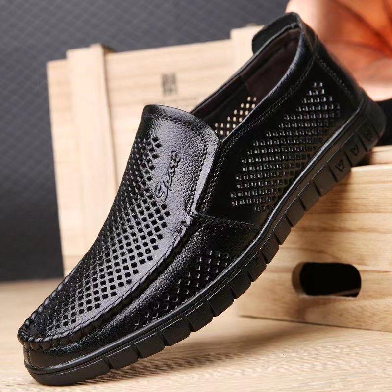 Summer Men Loafers High Quality Cowhide Leather Shoe Breathable Hollow Out Sandals Mesh Casual Driving Shoes Men's Slip-on Flats