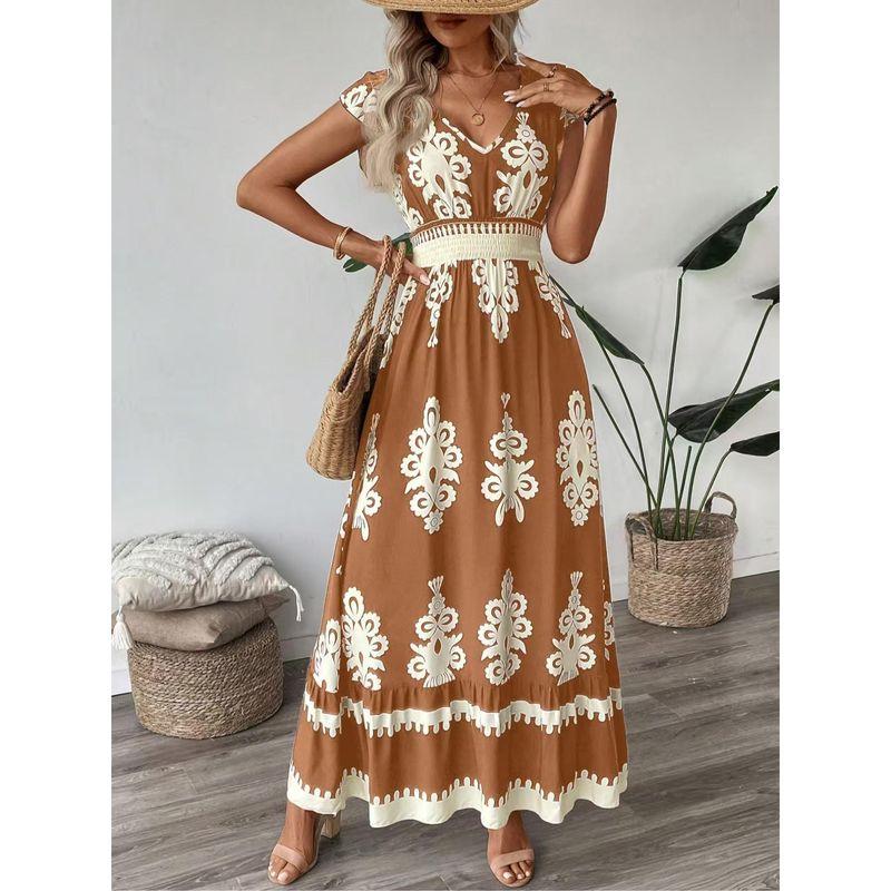 

Fashion Style Summer New Arrival Fashion Printed V-neck High Waist Slimming Large Hem Dress Women s Vacation Style Beach Dress Earthy yellow 2XL