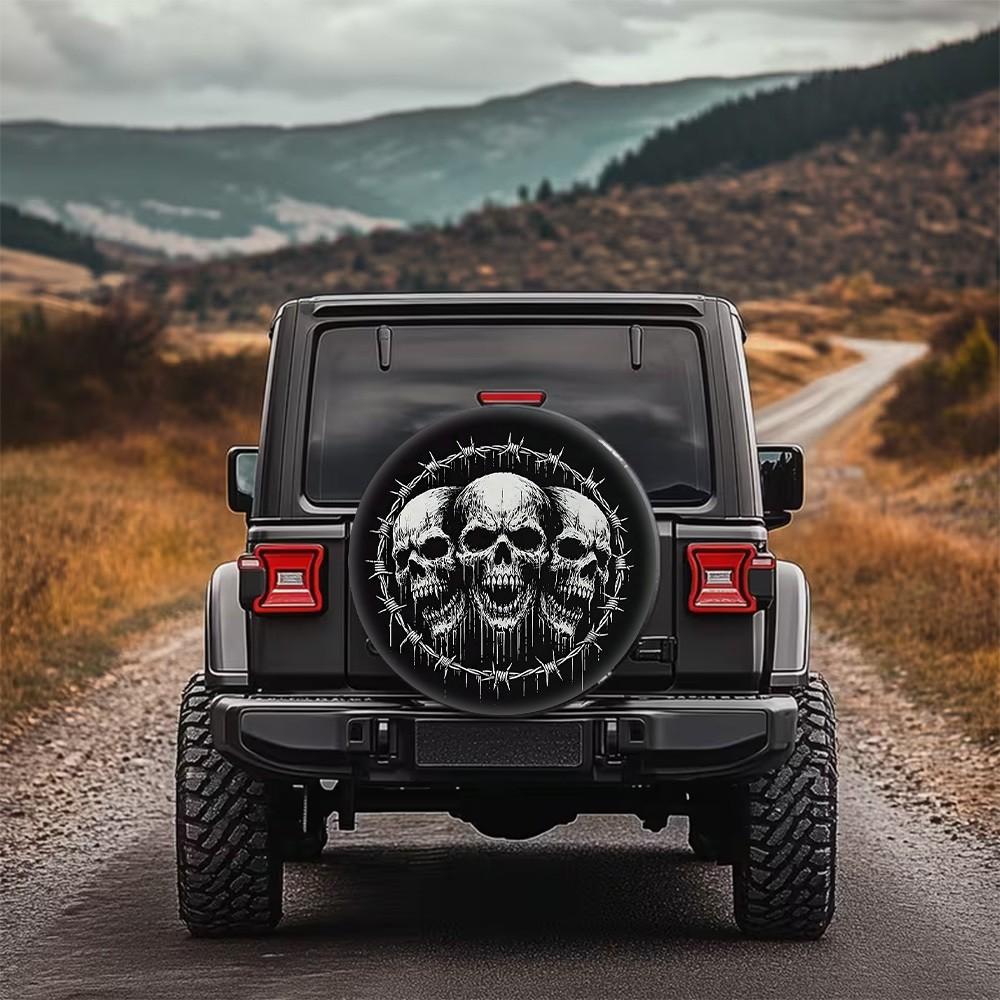 Skull Barbed Wire Spare Tire Cover Durable Polyester SUV Truck Wheel Protector