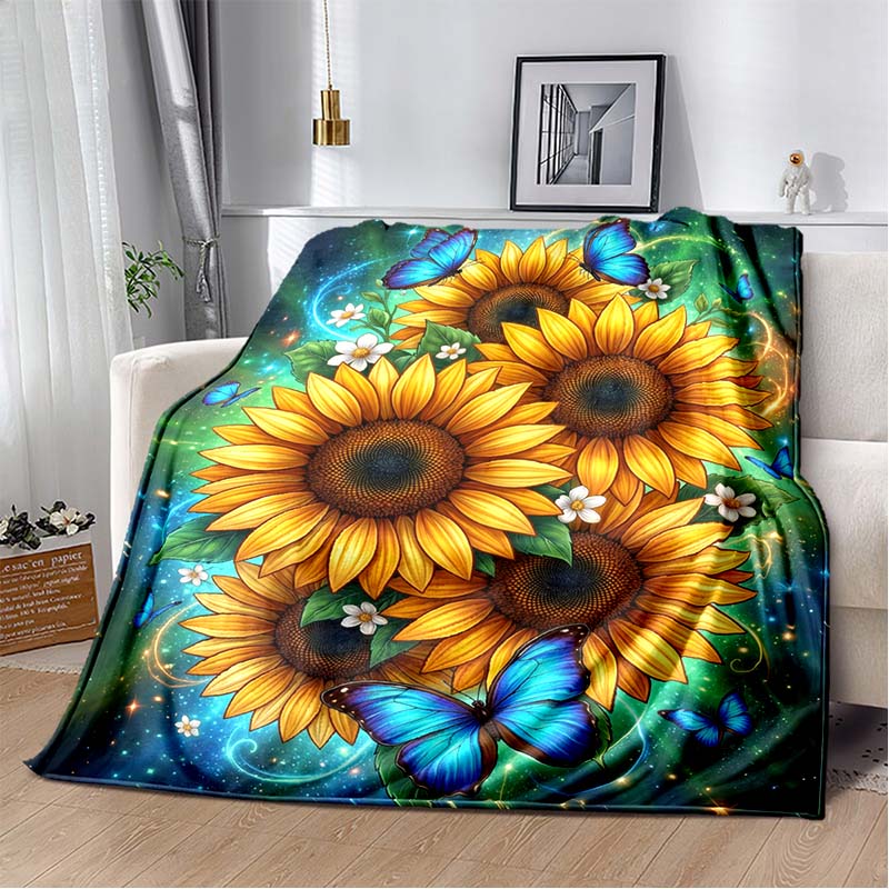 Manta de Franela con Estampado de Girasol y Mariposa Azul, Manta Acogedora con Fondo de Cielo Estrellado
